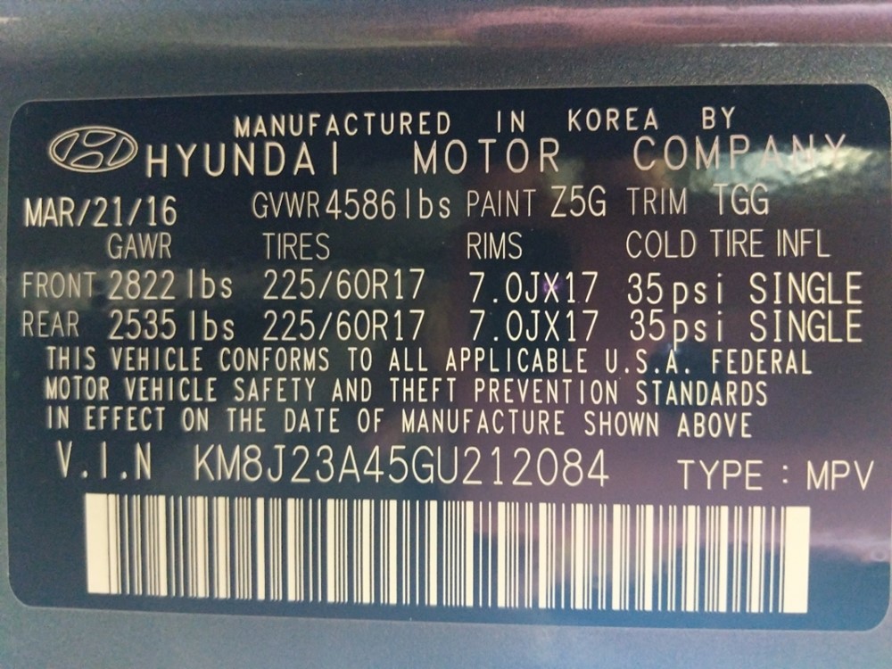 2016 Hyundai Tucson - VIN Plate