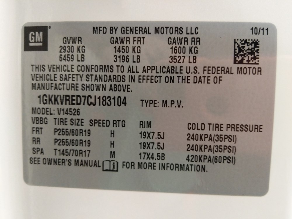 2012 GMC Acadia - VIN Plate