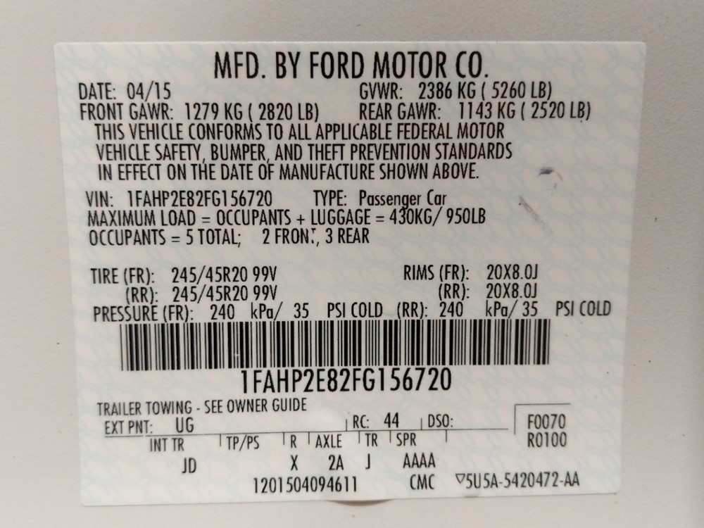 2015 Ford Taurus - VIN Plate