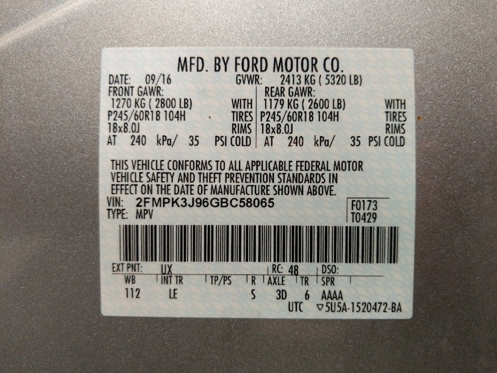 2016 Ford Edge - VIN Plate
