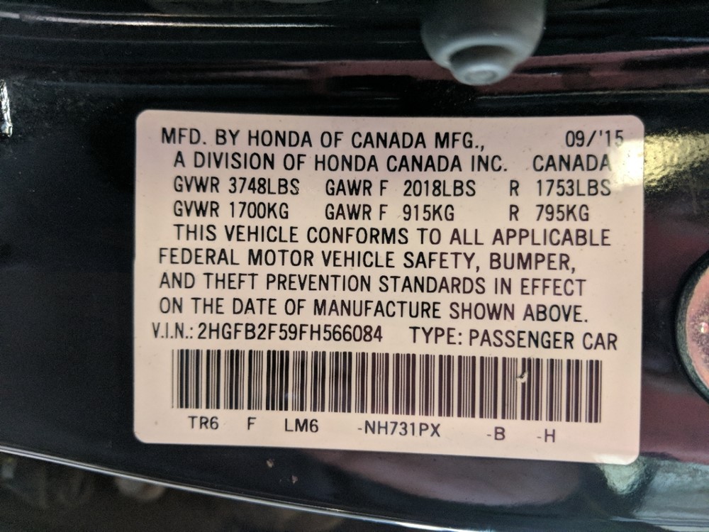 2015 Honda Civic - VIN Plate