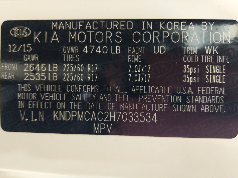2017 Kia Sportage - VIN Plate