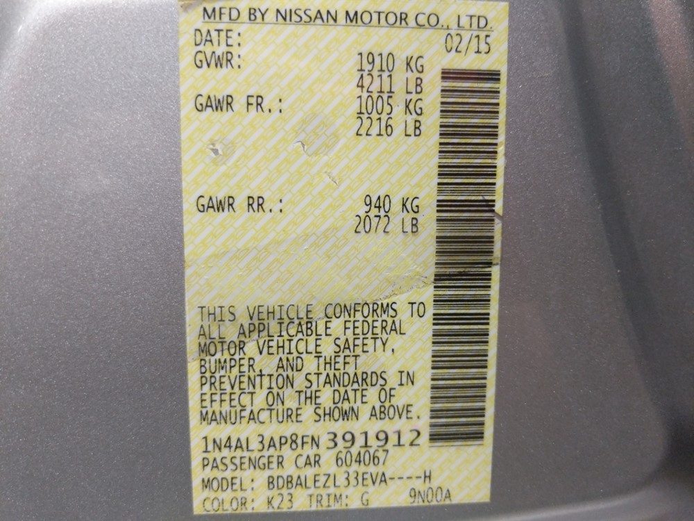 2015 Nissan Altima - VIN Plate