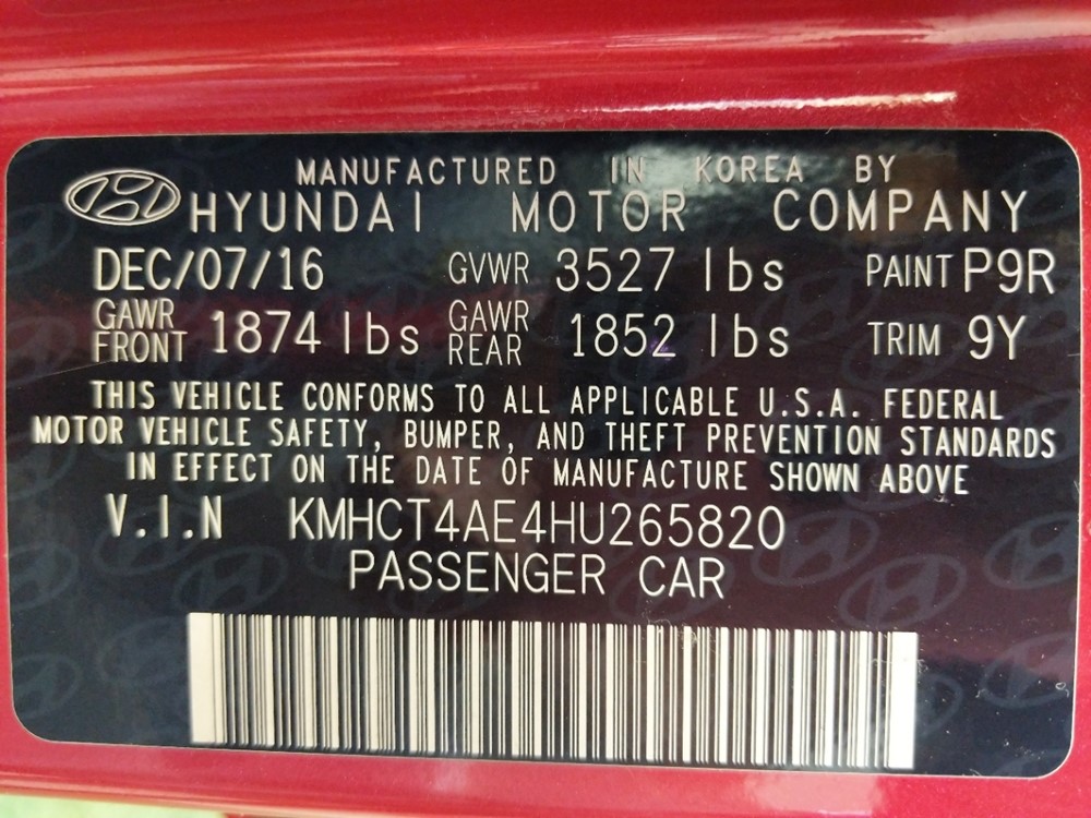 2017 Hyundai Accent - VIN Plate