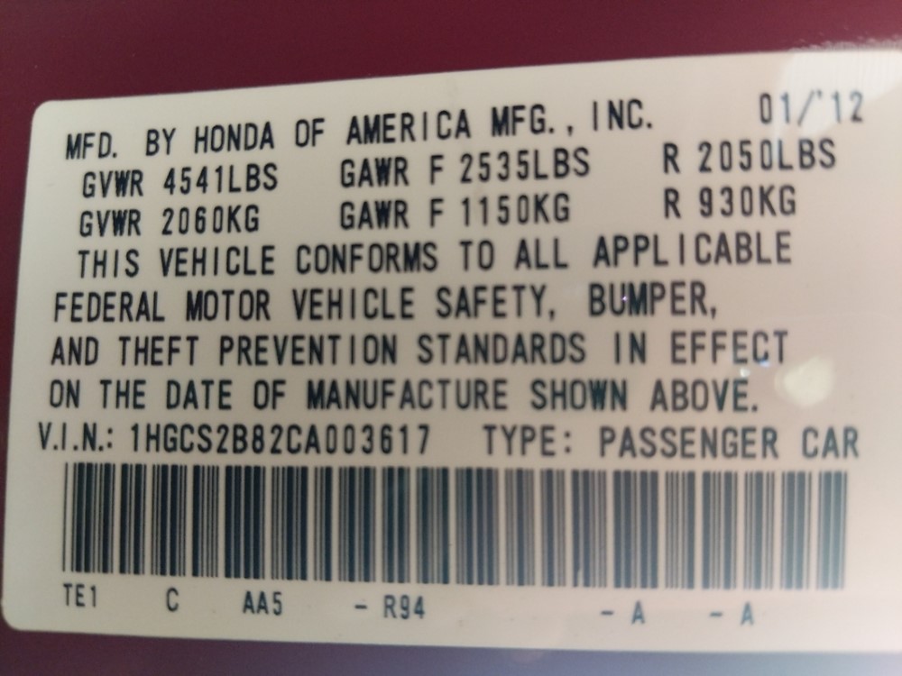 2012 Honda Accord - VIN Plate