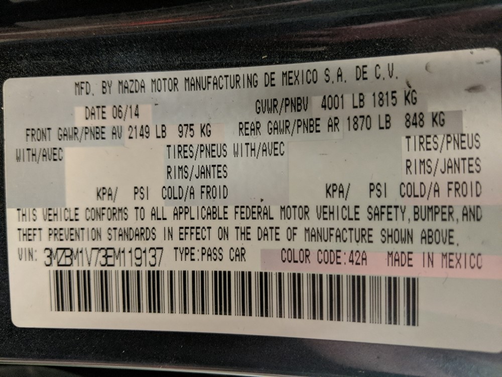 2014 Mazda Mazda3 - VIN Plate
