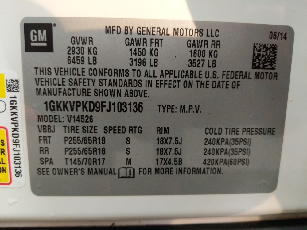 2015 GMC Acadia - VIN Plate