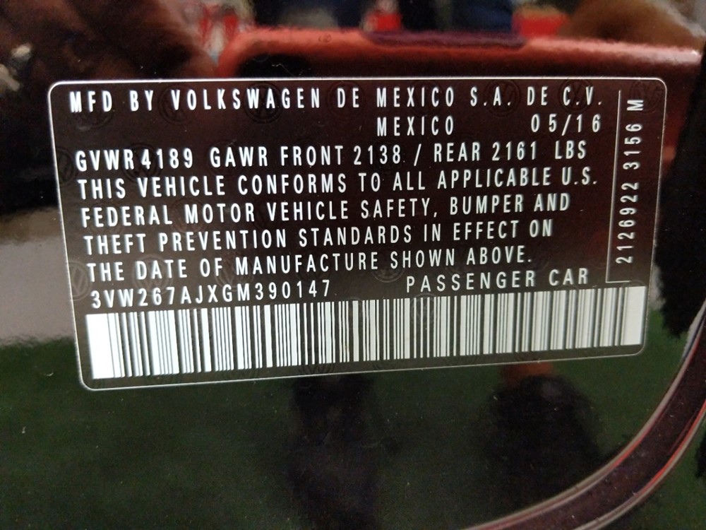 2016 Volkswagen Jetta - VIN Plate