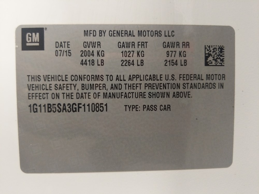 2016 Chevrolet Malibu - VIN Plate