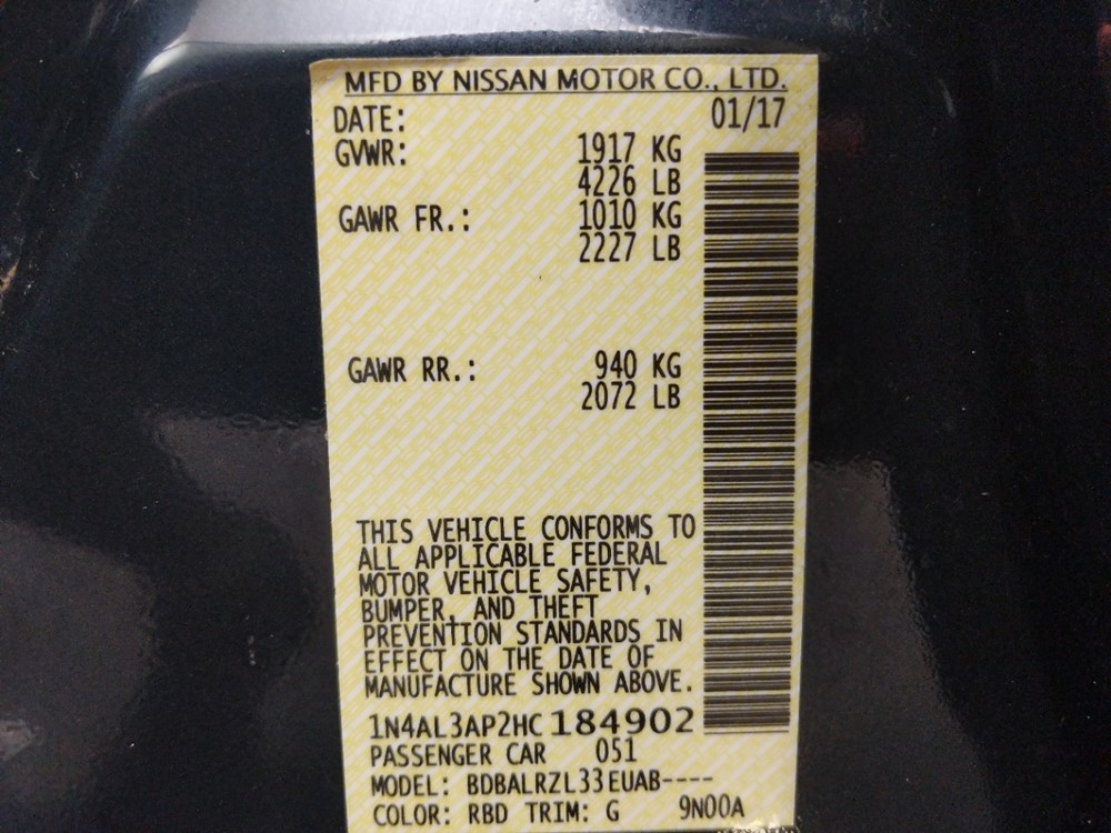 2017 Nissan Altima - VIN Plate