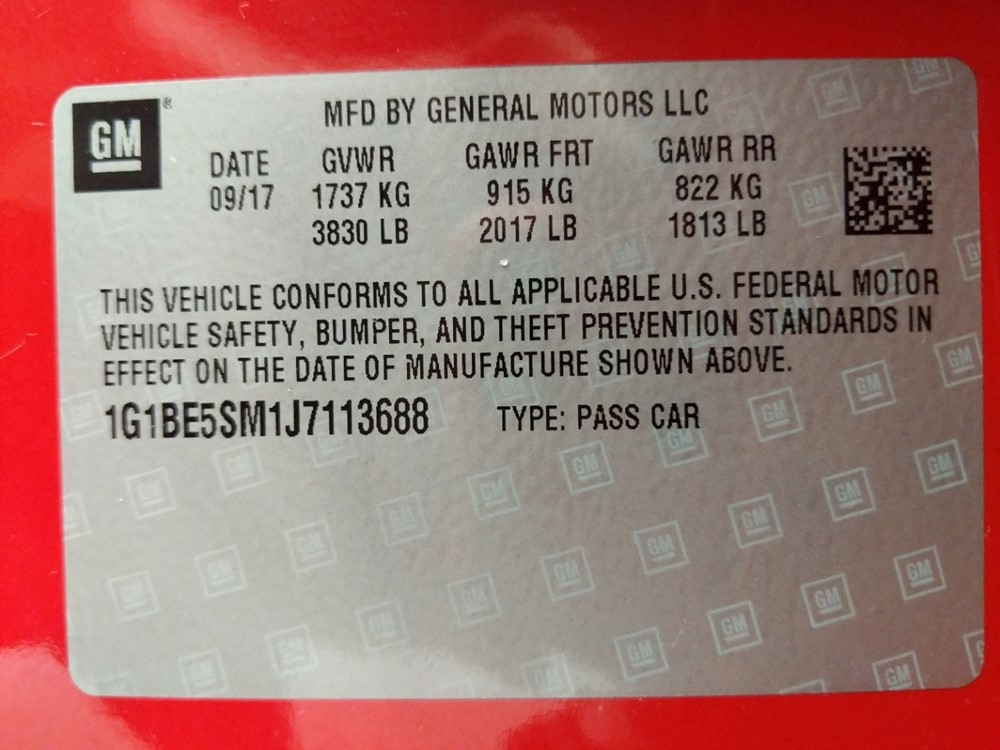 2018 Chevrolet Cruze - VIN Plate