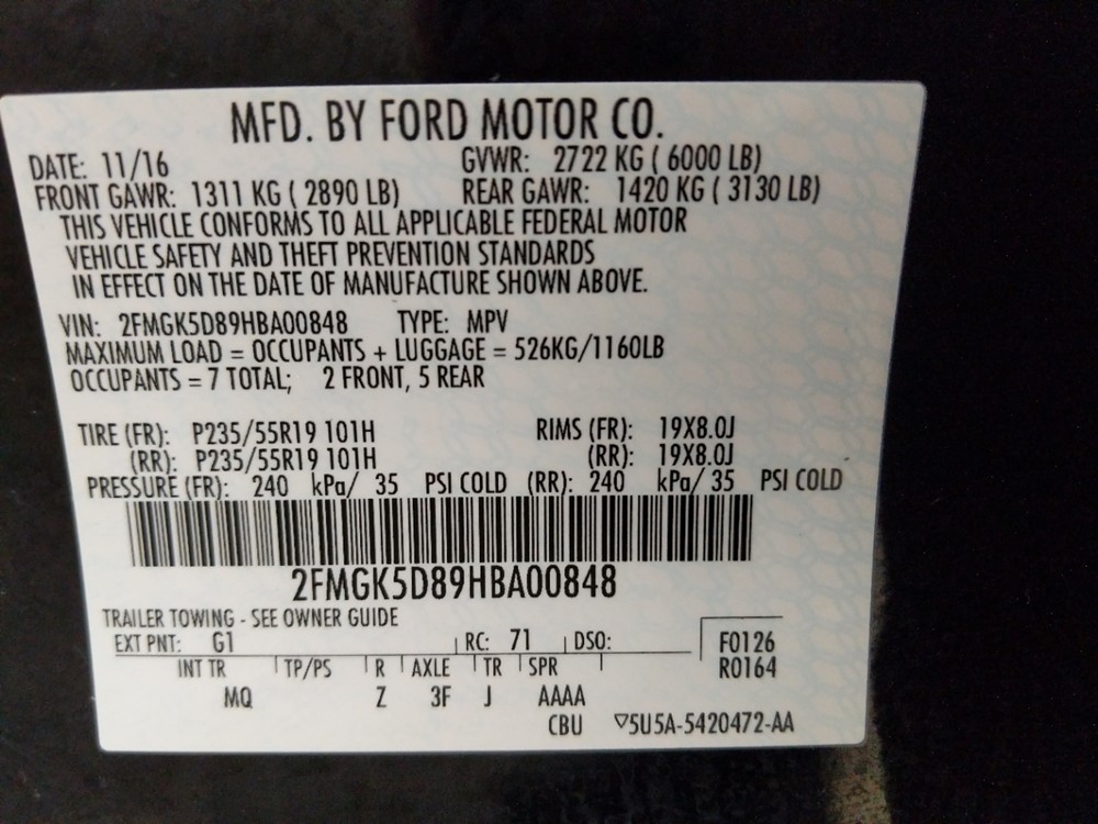 2017 Ford Flex - VIN Plate