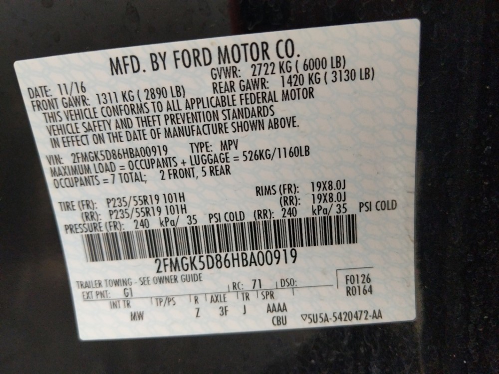 2017 Ford Flex - VIN Plate