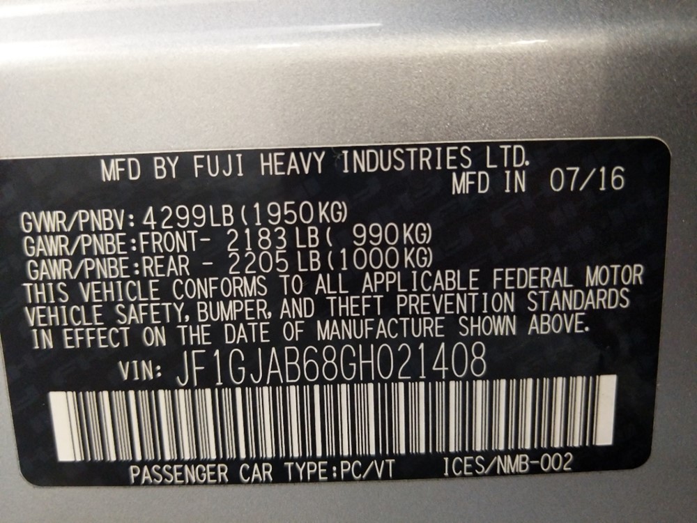 2016 Subaru Impreza - VIN Plate