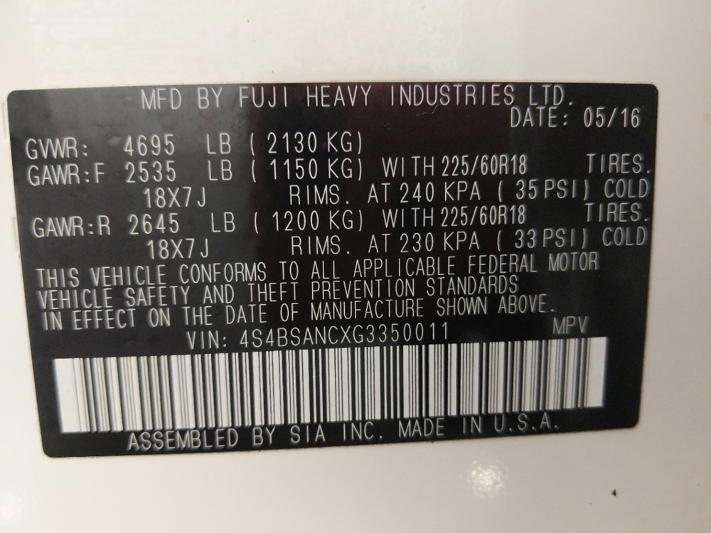 2016 Subaru Outback - VIN Plate