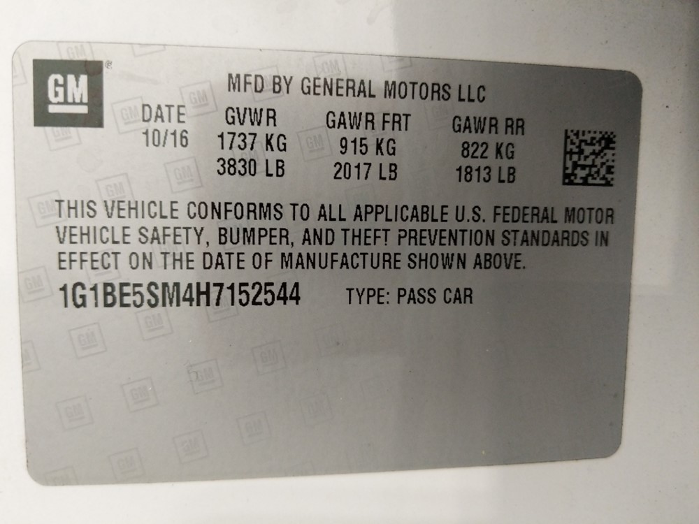 2017 Chevrolet Cruze - VIN Plate
