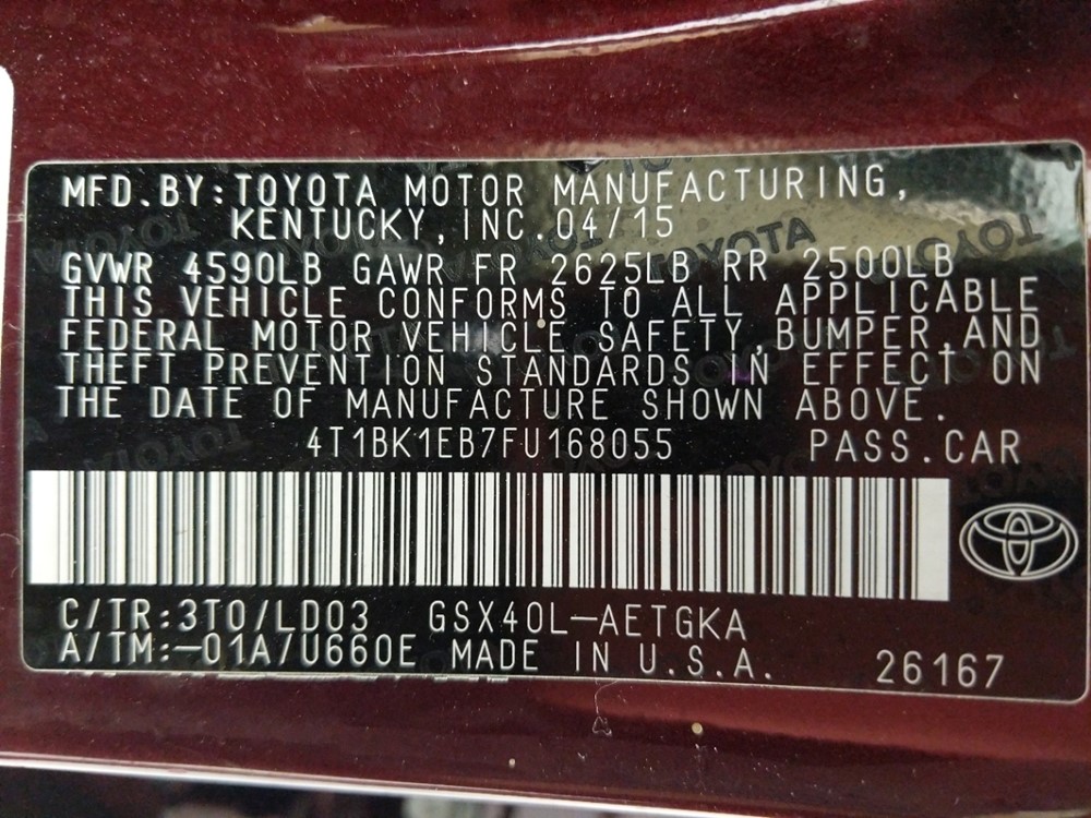 2015 Toyota Avalon - VIN Plate
