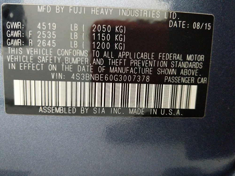 2016 Subaru Legacy - VIN Plate