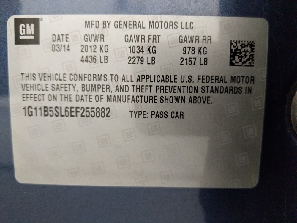 2014 Chevrolet Malibu - VIN Plate