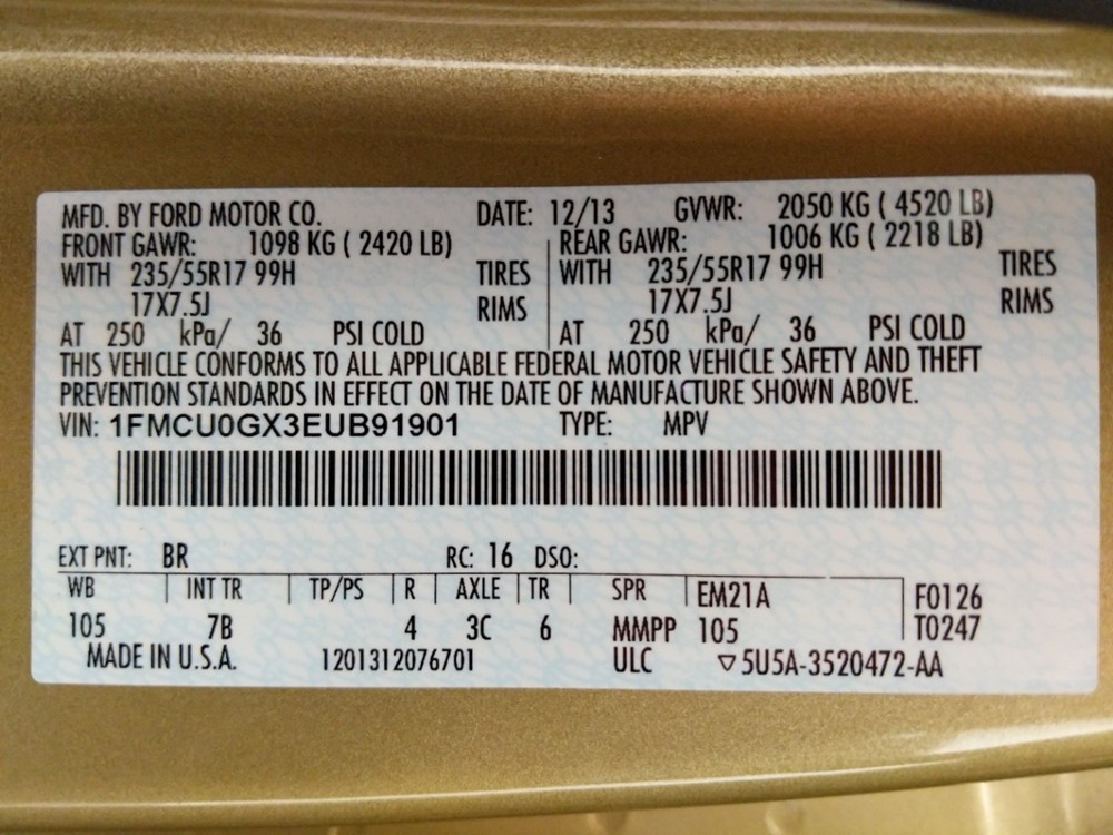 2014 Ford Escape - VIN Plate