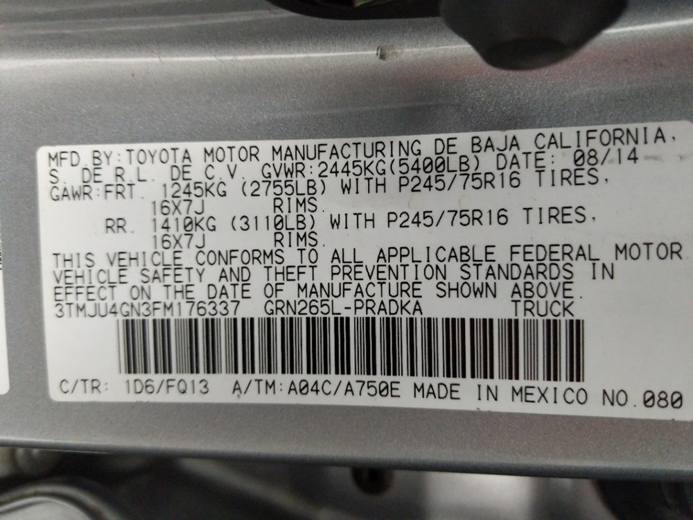 2015 Toyota Tacoma - VIN Plate