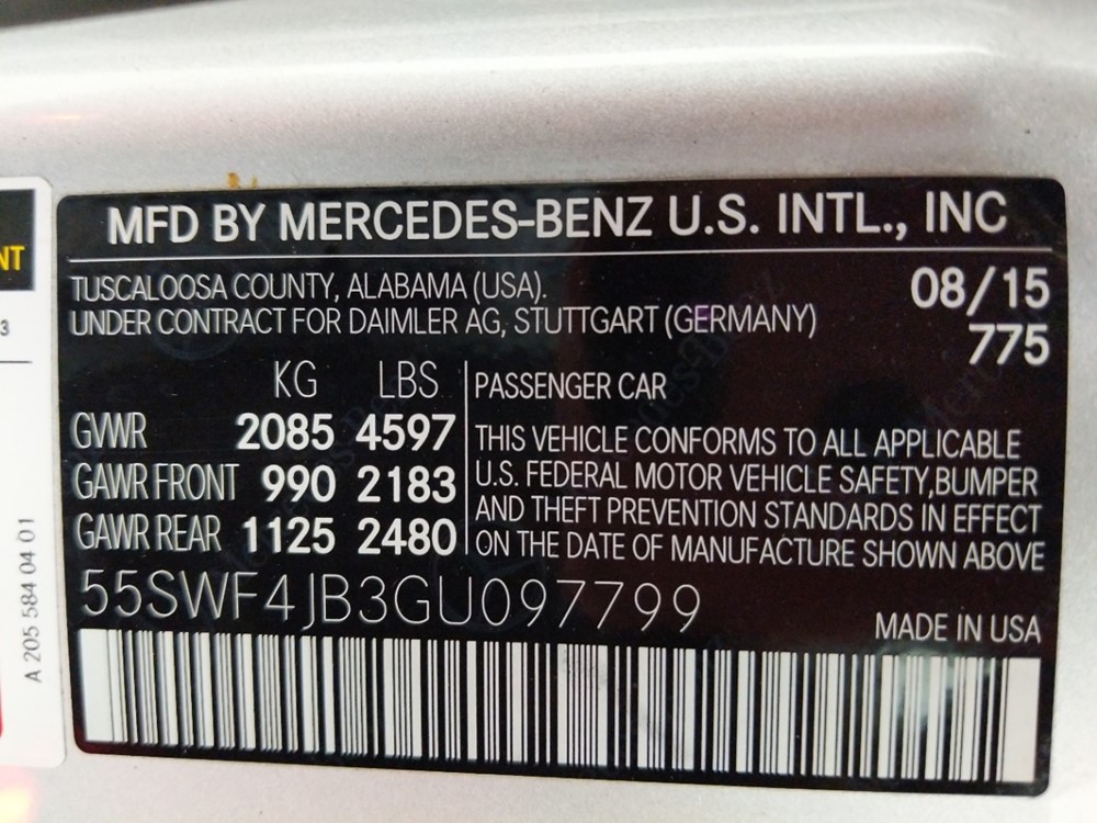 2016 Mercedes-Benz C300 - VIN Plate