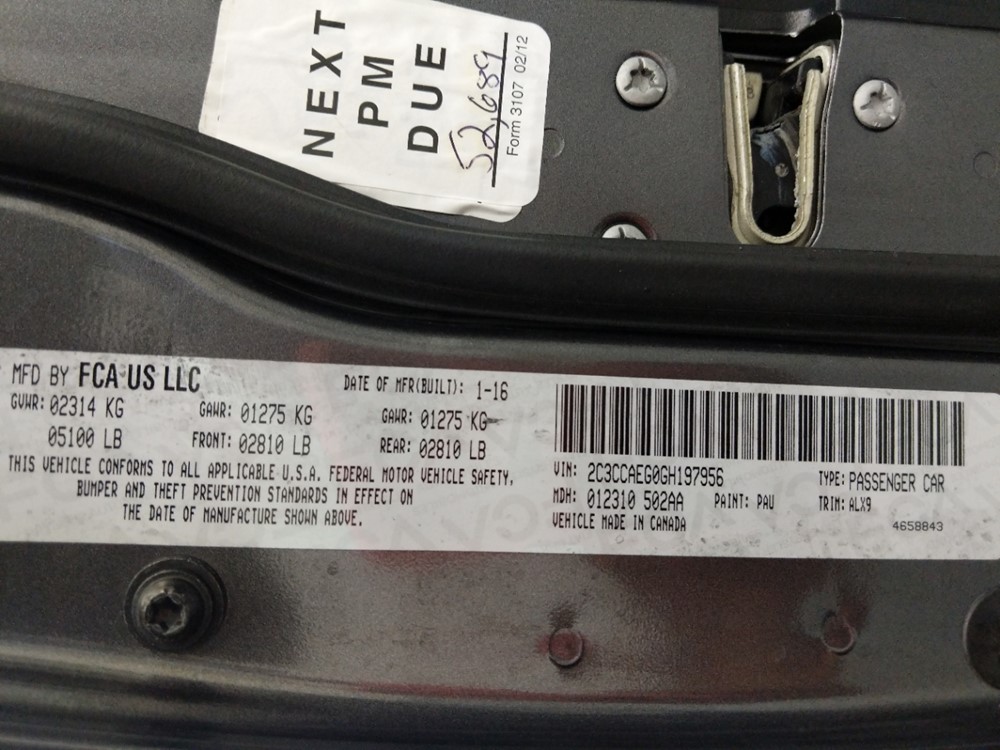 2016 Chrysler 300 - VIN Plate