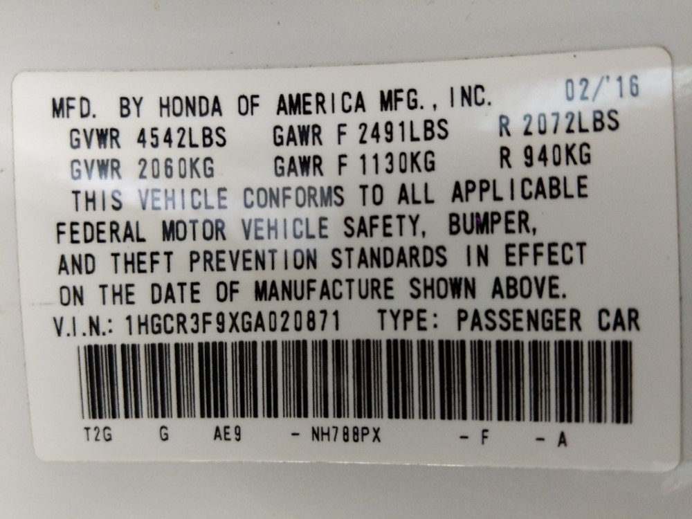 2016 Honda Accord - VIN Plate