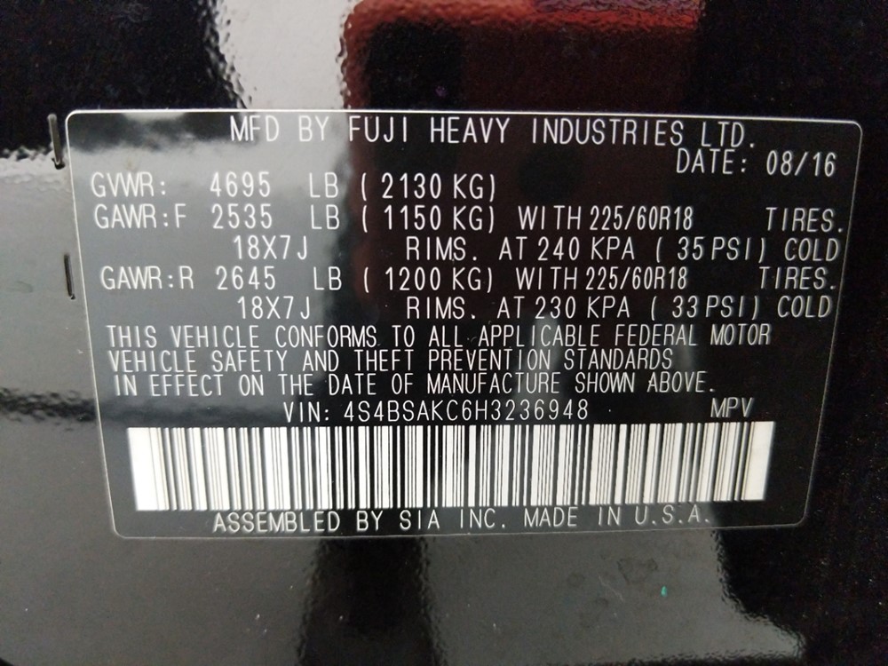 2017 Subaru Outback - VIN Plate