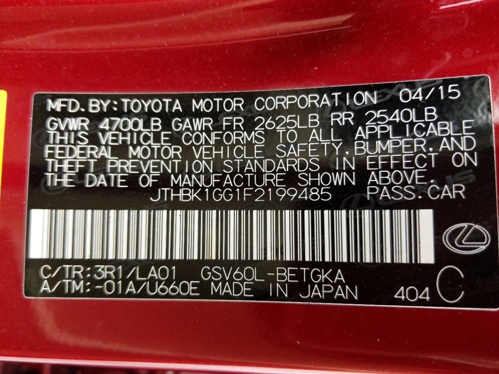 2015 Lexus ES 350 - VIN Plate