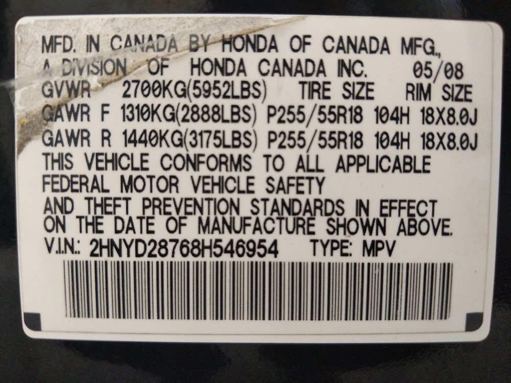 2008 Acura MDX - VIN Plate