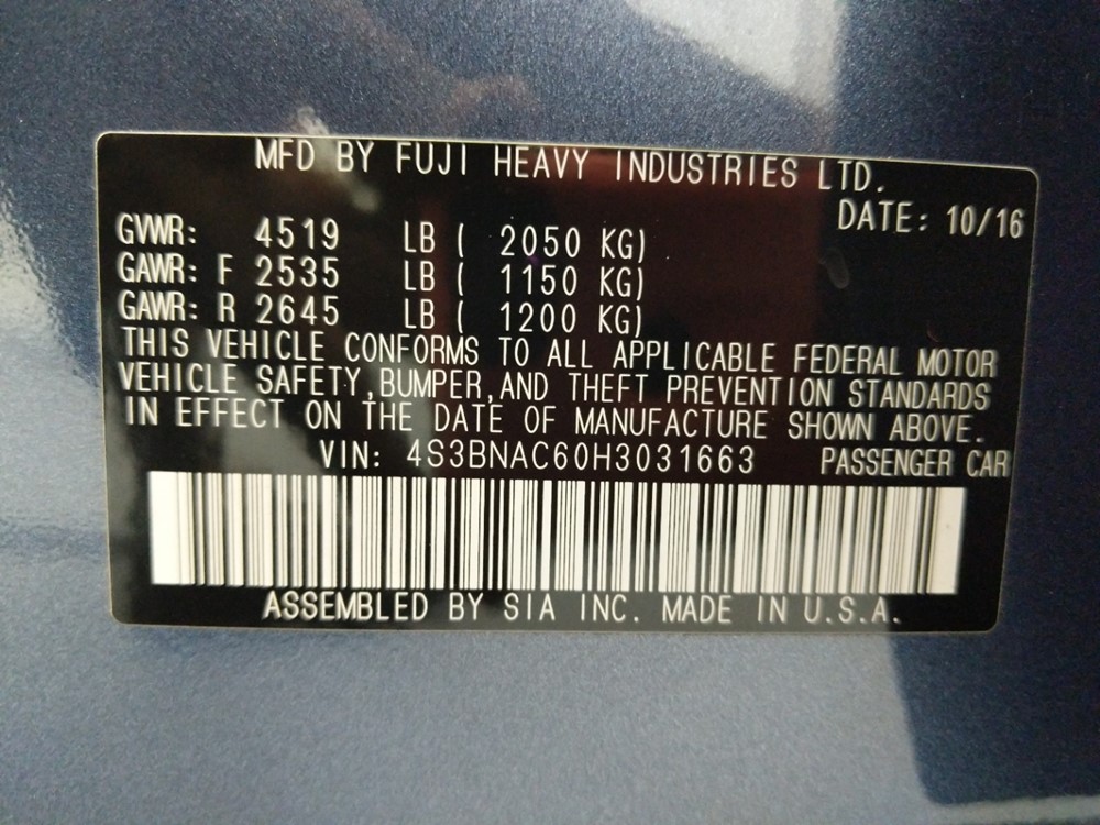 2017 Subaru Legacy - VIN Plate