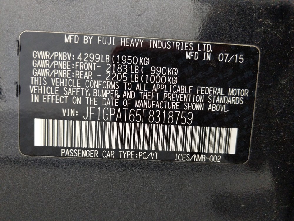 2015 Subaru Impreza - VIN Plate