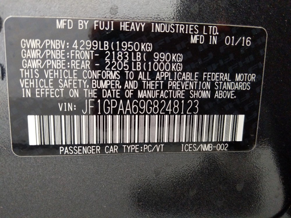 2016 Subaru Impreza - VIN Plate