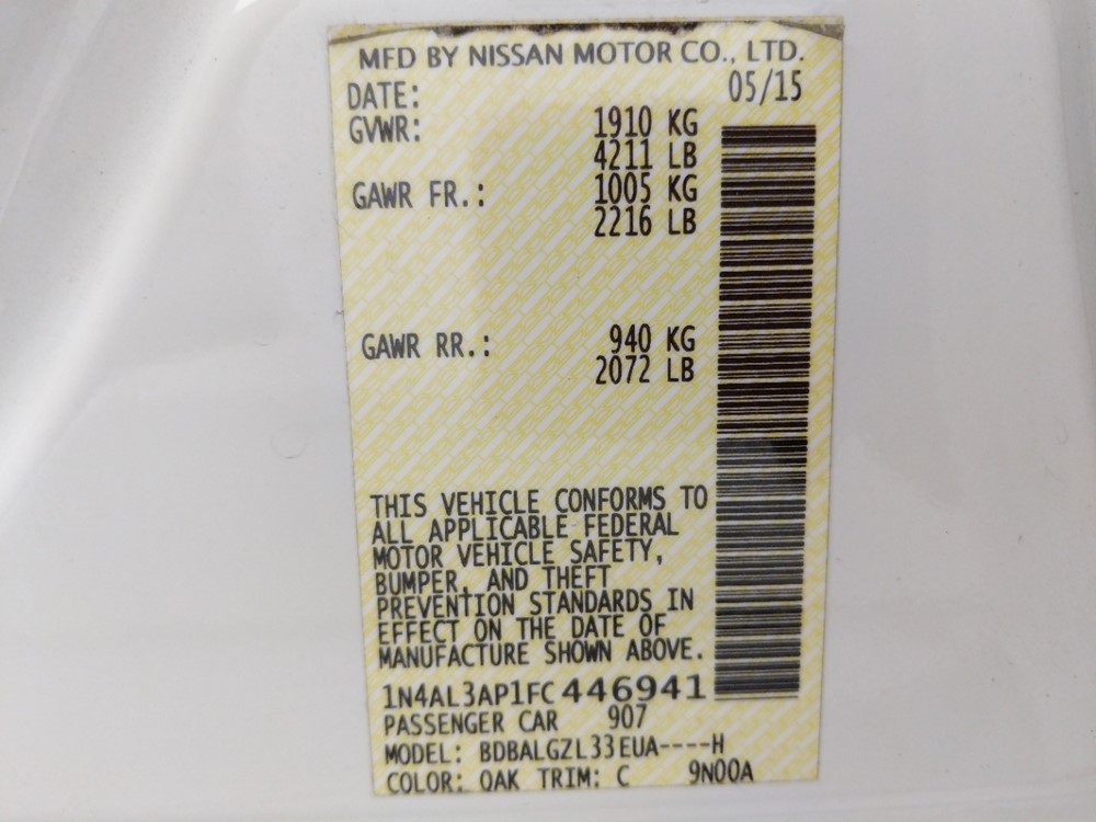2015 Nissan Altima - VIN Plate