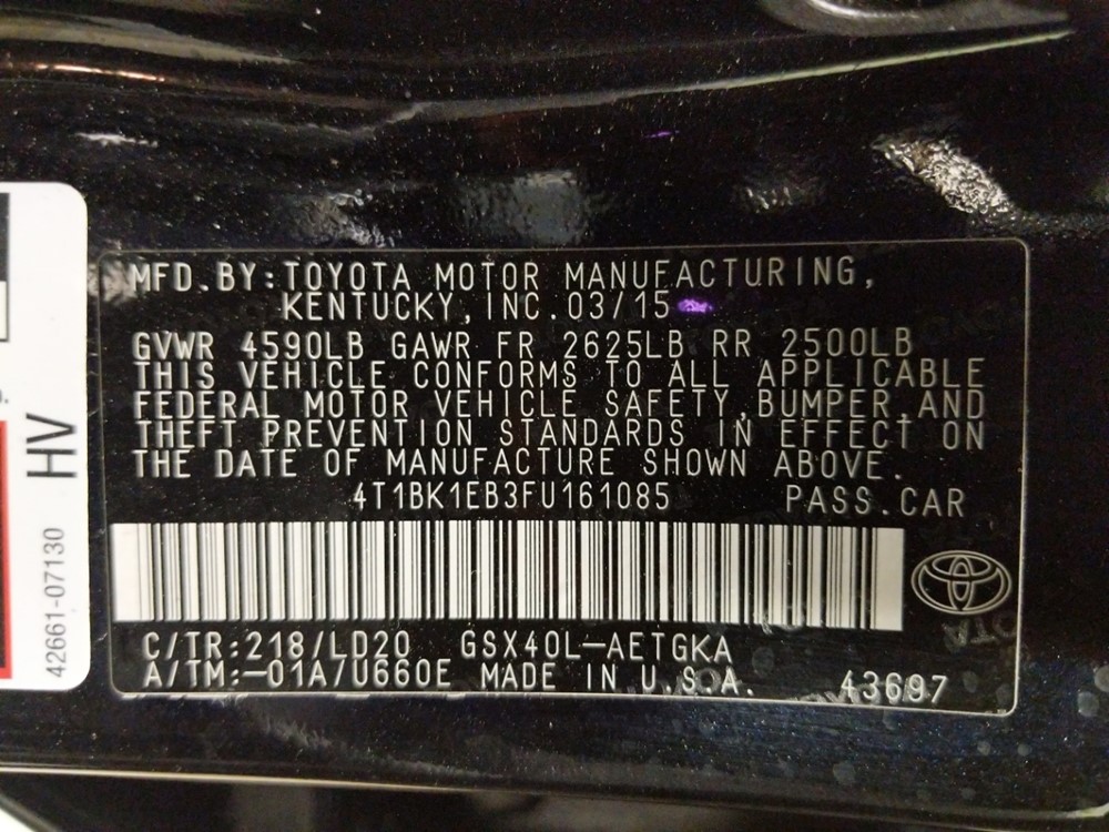 2015 Toyota Avalon - VIN Plate