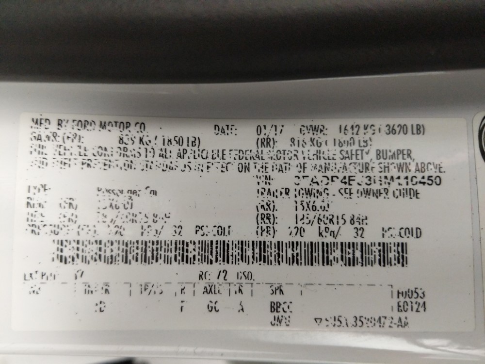 2017 Ford Fiesta - VIN Plate