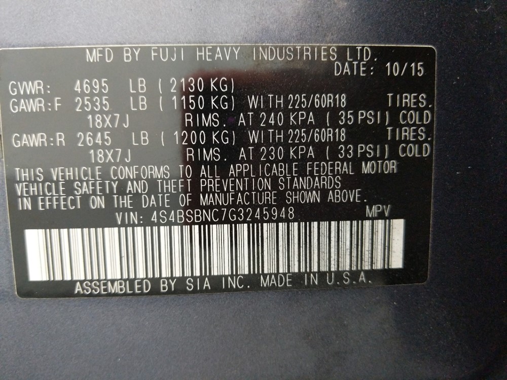 2016 Subaru Outback - VIN Plate