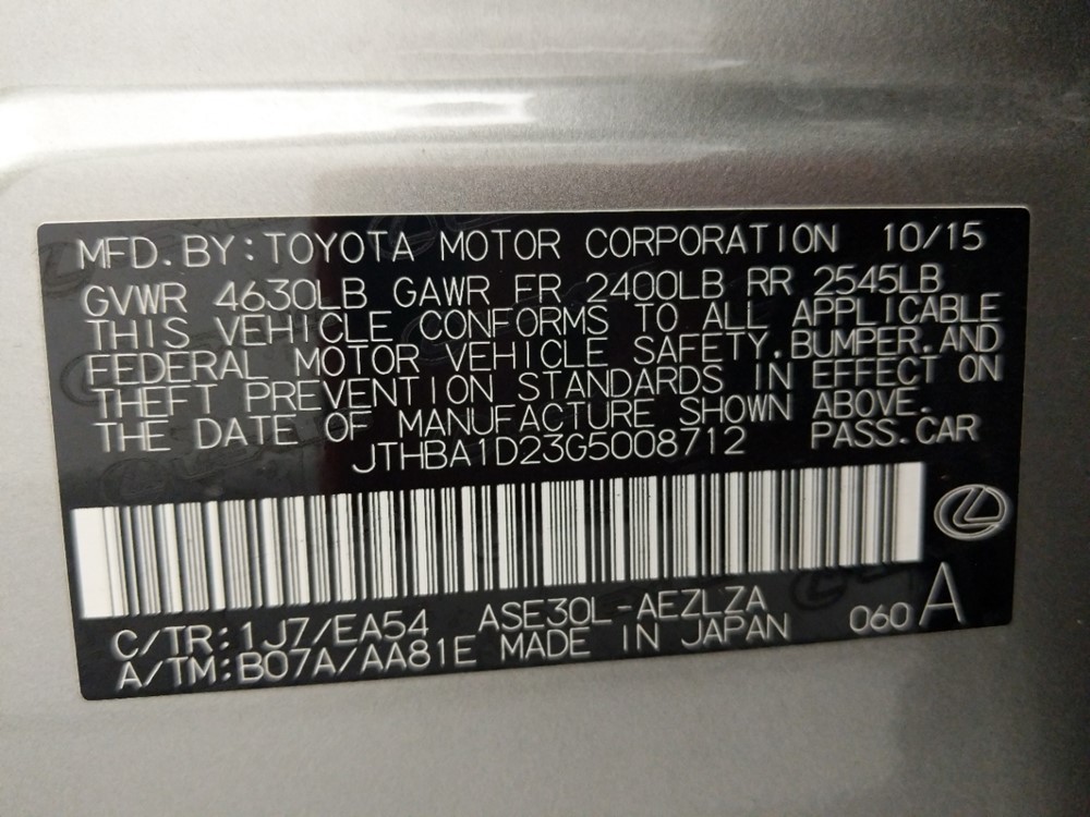 2016 Lexus IS 200t - VIN Plate