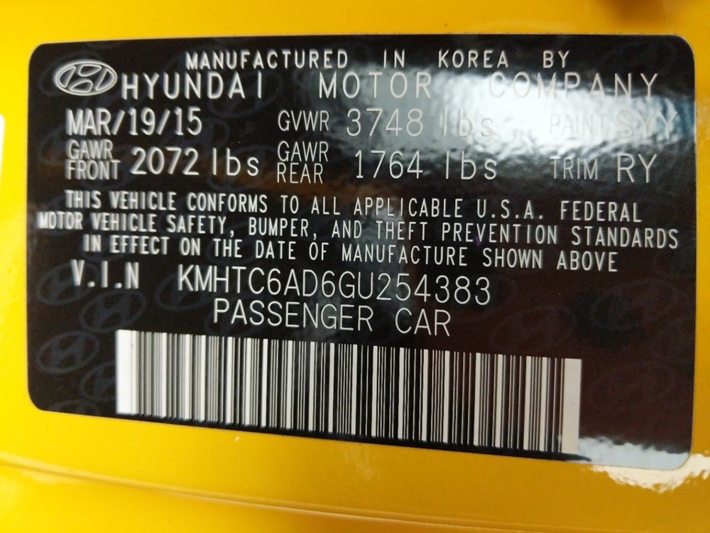 2016 Hyundai Veloster - VIN Plate
