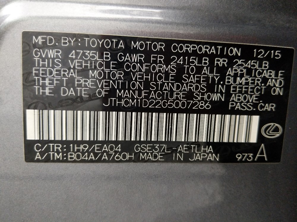 2016 Lexus IS 300 - VIN Plate