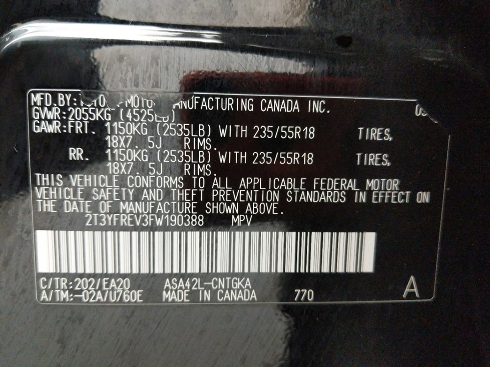 2015 Toyota RAV4 - VIN Plate