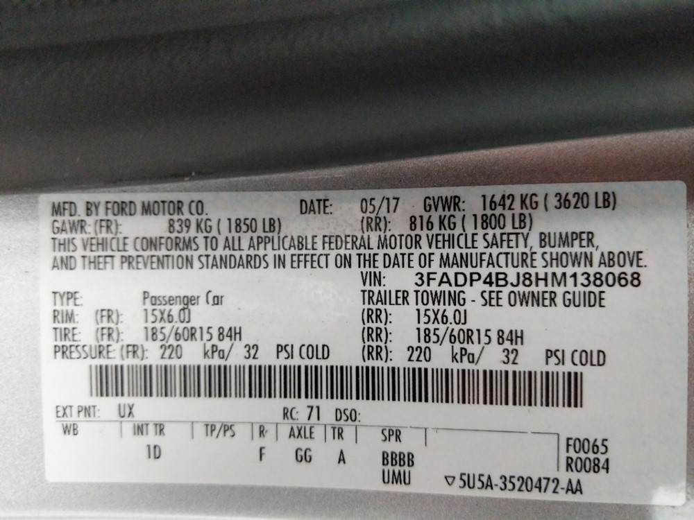 2017 Ford Fiesta - VIN Plate