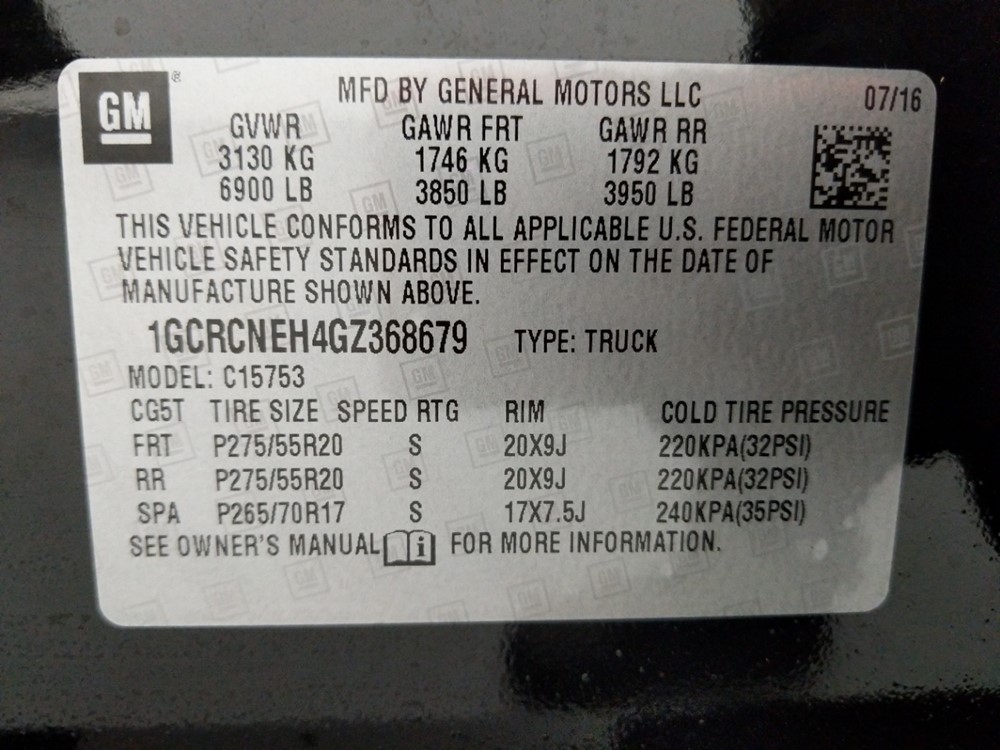 2016 Chevrolet Silverado 1500 - VIN Plate