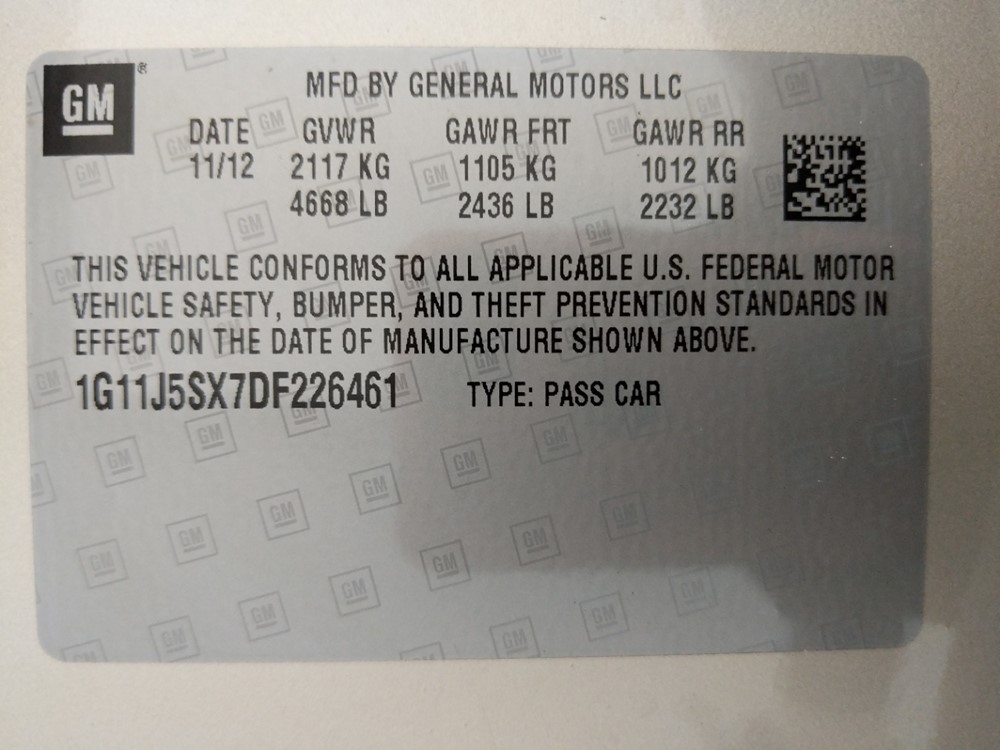 2013 Chevrolet Malibu - VIN Plate