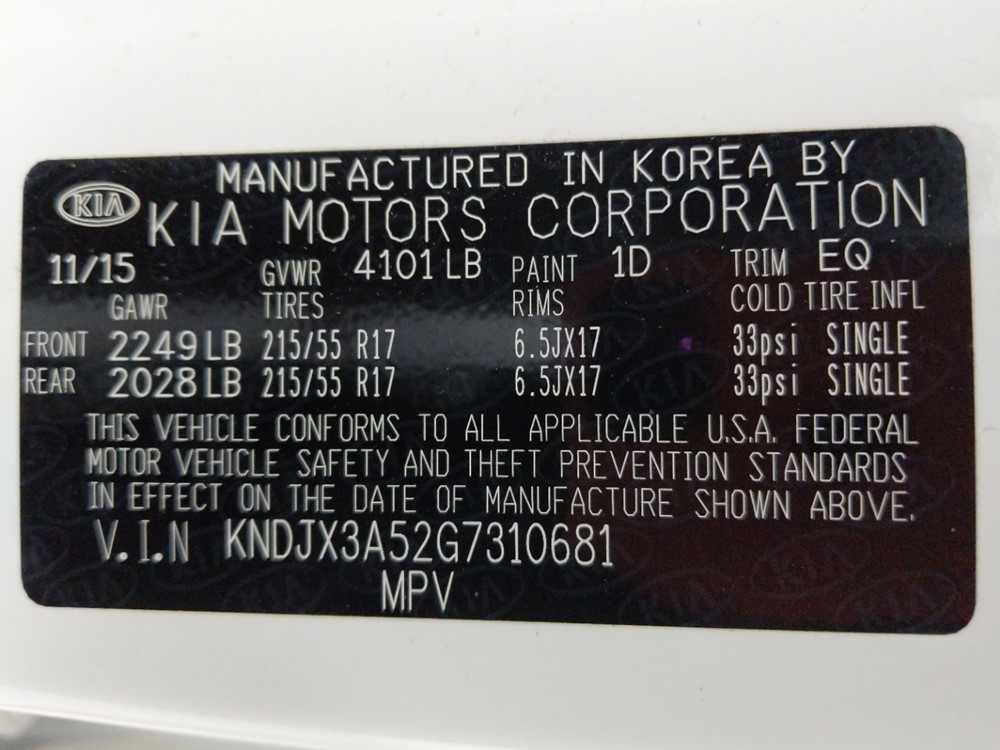 2016 Kia Soul - VIN Plate