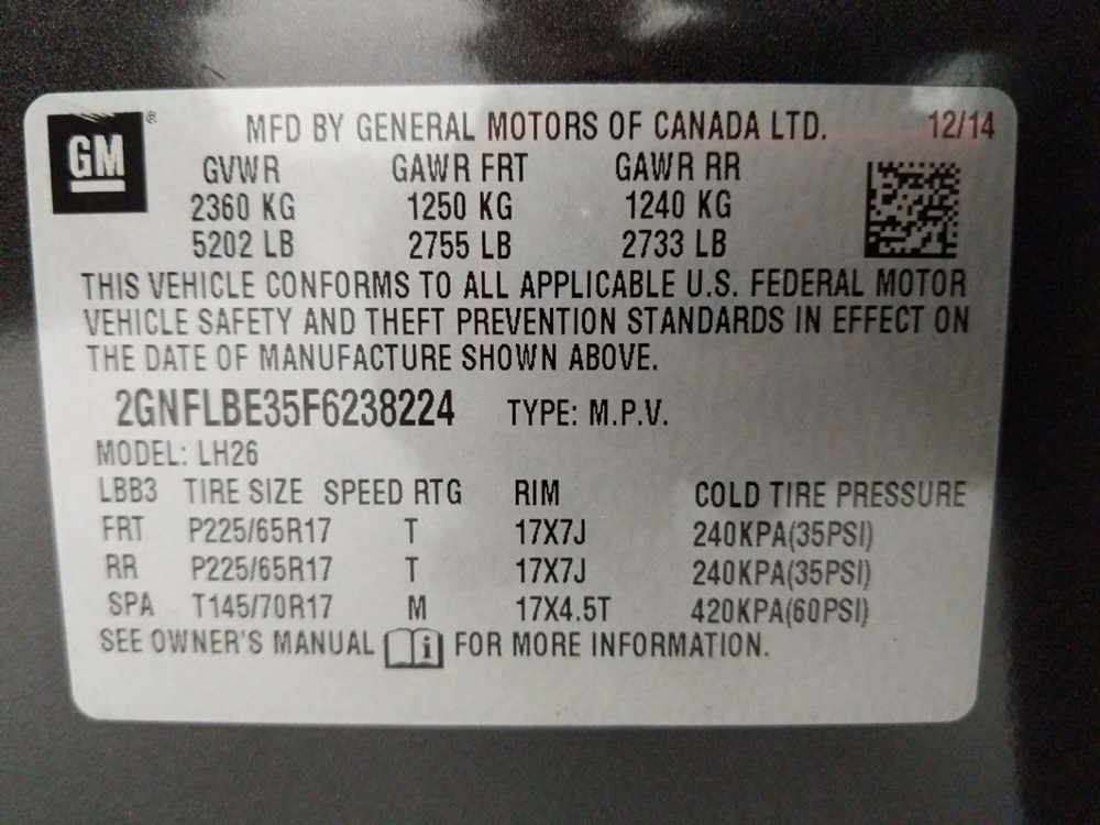 2015 Chevrolet Equinox - VIN Plate