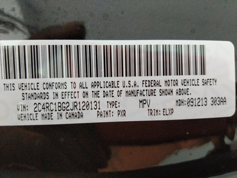 2018 Chrysler Pacifica - VIN Plate