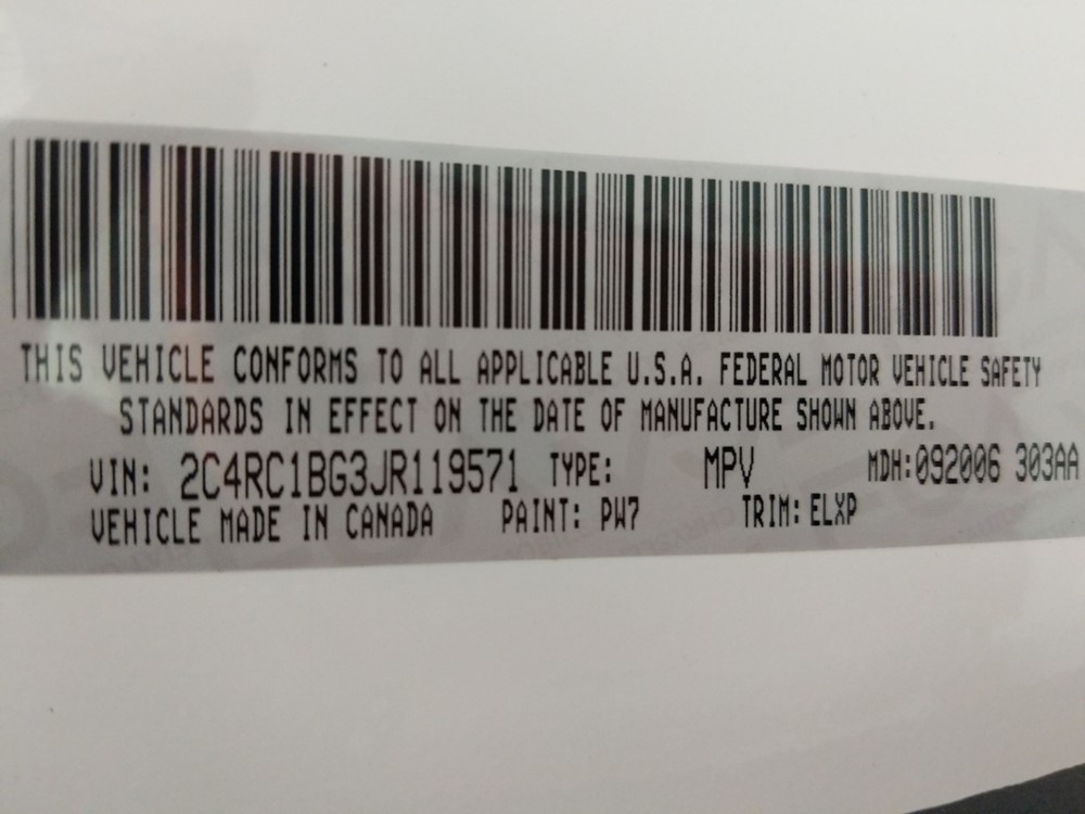 2018 Chrysler Pacifica - VIN Plate