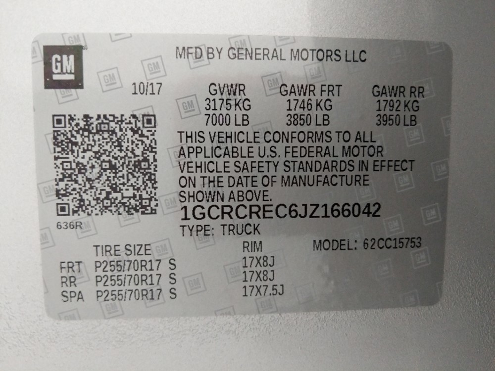 2018 Chevrolet Silverado 1500 - VIN Plate